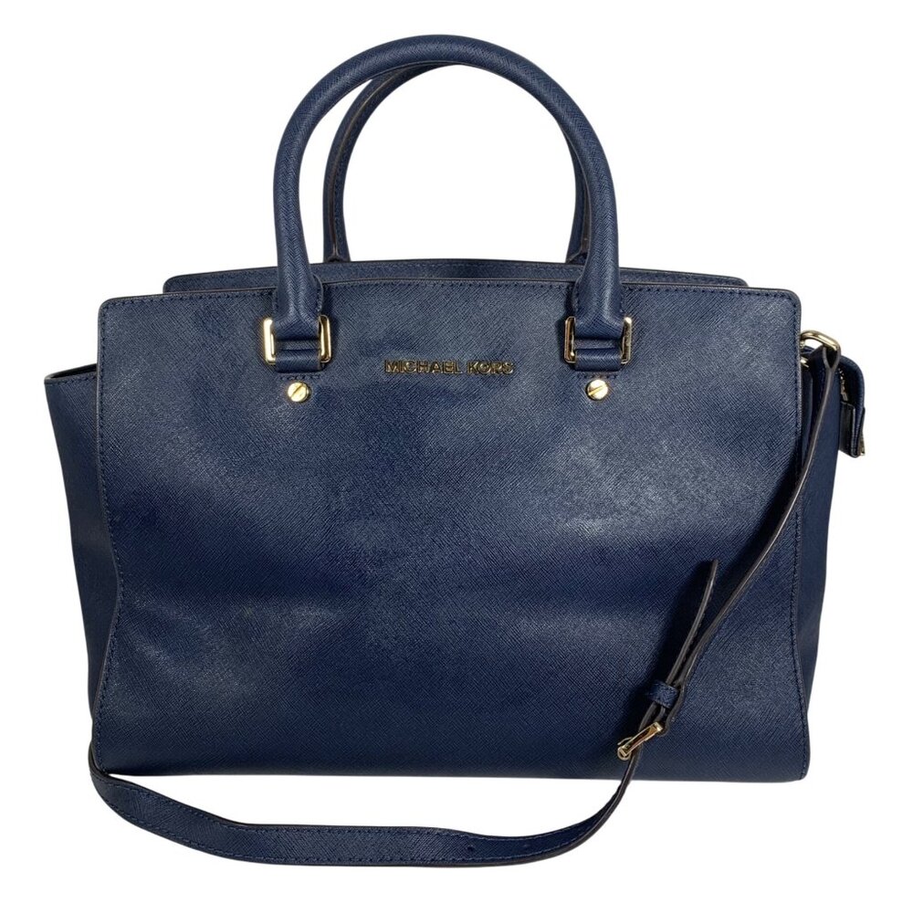 MICHAEL KORS Selma Navy Blue Saffiano Leather Medium Satchel Shoulder Bag